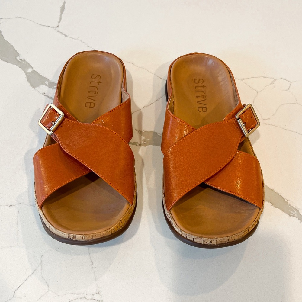 Strive Maria Buckle Orange Cross Strap Leather Slide Sandal Womens Sz 6.5 - 7